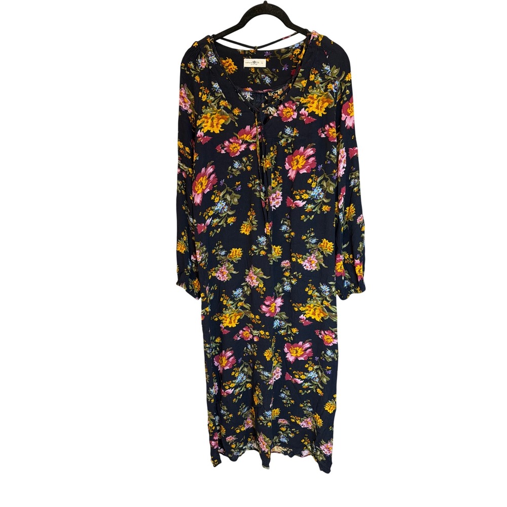 Natural Life Floral Long Sleeve Midi Dress Black Boho Rayon Large cottagecore